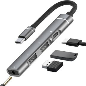 USB C Hub, 4 in 1 Aluminum USB C to USB OTG Adapter with 1 * 3.5mm Headphone Jack, 1 * 15W PD, 2 USB A Ports, USB C Headphone Hub Dongle for MacBook Air/Pro,XPS,iMac Mini,iPad Pro,More