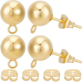 Beebeecraft 1 Box 20Pcs 8mm Round Post Stud Earring Findings 24K Gold Plated Stainless Steel Ball Post Ear Studs with Loop Earrings Component for DIY Jewellery Making