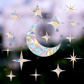 GORGECRAFT 4 Sheets Moon Window Cling Stickers Stars Suncatcher Sticker Planet Universal Windows Film Prismatic Non Adhesive Anti-Collision Sun Catcher Decals for Bird Strikes 12x9 Inch