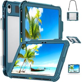 ShellBox Case iPad 10th Gen 10.9 inch Waterproof Case, Full-Body Heavy Duty Shockproof Protective Cover with Kickstand Built-in Screen Protector Pencil Holder Shoulder Strap (Teal)