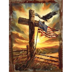مجموعات الرسم الماسي من سلسلة Beaudio Patriotism للبالغين - علم أمريكا طار على الصليب - حفر كامل دائري DIY فن ماسي 5D لديكور جدار المنزل (11.8 × 15.7 بوصة)