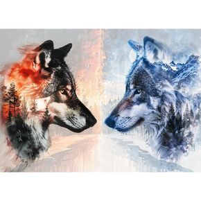 Bgraamiens Puzzle- Ice VS Fire -1000 Pieces Fantasy Double Exposure Wolf Puzzle, Nature Animals Puzzle Impossible Hard Puzzle for Adults