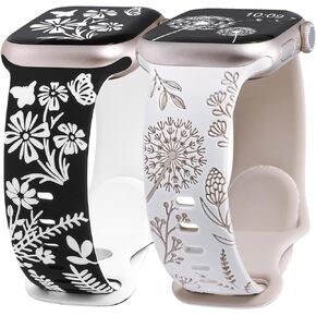 Wearlizer 2 Pack Floral Engraved Band Compatible with Apple Watch Bands 41mm 40mm 38mm 49mm 45mm 44mm 42mm Women, Cute Two-Tone Flower Soft Silicone Sport Strap for iWatch 9 8 7 6 5 4 3 2 1 SE Ultra 2