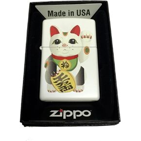 Zippo Custom Lighter - Lucky Japanese Maneki Neko Beckoning Cat - Regular White Matte