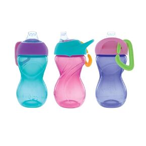 Nuby No-Spill Clik-it Soft Spout 10 oz Sippy Cup, Gentle Silicone Spout & Ergonomic Grip with Carabiner for Happy, Hydrated Tots On-The-Go, 3 Pack, 6+M, Girls