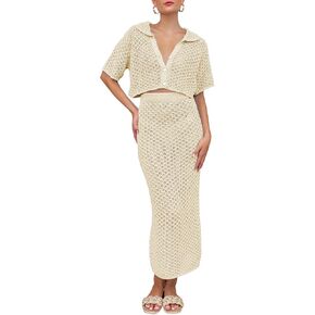 Saodimallsu Women Crochet Beach Cover Up Set Knit Crop Button Short Sleeve Collar Top Bodycon Long Skirt 2 Piece Outfits