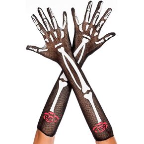 Music Legs Women's Skeleton and Rose Print Fishnet Over The Elbow Gloves