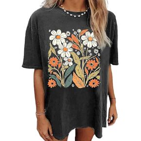 قميص الزهور البرية للنساء تي شيرت عتيق كبير الحجم مزين بالزهور تي شيرتات ملهمة برسومات صيفية كاجوال فضفاضة للشاطئ in Kuwait