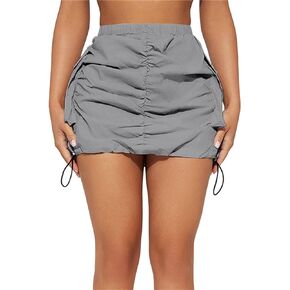 Womens Y2K Cargo Skirts Elastic Low Waist Ruched Mini Bodycon Skirt for Women, Mini Dresses with Side Drawstring Pockets