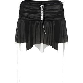 Womens Tulle Short Skirt Sexy Y2K Asymmetrical Low Waist Flowy Ruffle Pleated Mini Skirts Dance Sexy Rave Cloth