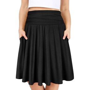 RITERA Plus Size Skirts for Women Knee Length Flowy Ruched Flowy Midi Skirt High Waisted with Pockets