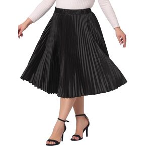 Agnes Orinda Plus Size Pleated Skirts for Women Fall Elastic High Waist Midi Party Metallic Shiny Skirt