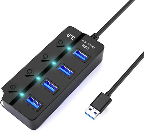 USB Hub USB 3.0 Splitter 4-Ports USB Extender Multiport USB محول مع مفاتيح فردية USB Expander Dongle لأجهزة الكمبيوتر المحمول/MacBook/محركات أقراص فلاش/محرك الأقراص الصلبة المحمول/الطابعة (4 منافذ) in Kuwait