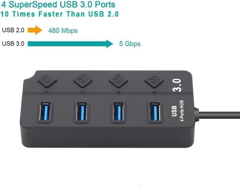 USB Hub USB 3.0 Splitter 4-Ports USB Extender Multiport USB محول مع مفاتيح فردية USB Expander Dongle لأجهزة الكمبيوتر المحمول/MacBook/محركات أقراص فلاش/محرك الأقراص الصلبة المحمول/الطابعة (4 منافذ) in Kuwait