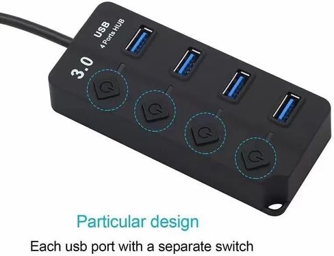 USB Hub USB 3.0 Splitter 4-Ports USB Extender Multiport USB محول مع مفاتيح فردية USB Expander Dongle لأجهزة الكمبيوتر المحمول/MacBook/محركات أقراص فلاش/محرك الأقراص الصلبة المحمول/الطابعة (4 منافذ) in Kuwait