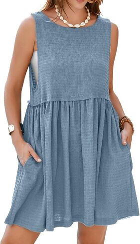 Simplee Apparel Womens Sleeveless Flowy Summer Tunic Dress Crew Neck Casual Babydoll Mini Dresses with Pockets in Saudi Arabia