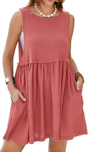 Simplee Apparel Womens Sleeveless Flowy Summer Tunic Dress Crew Neck Casual Babydoll Mini Dresses with Pockets in Saudi Arabia
