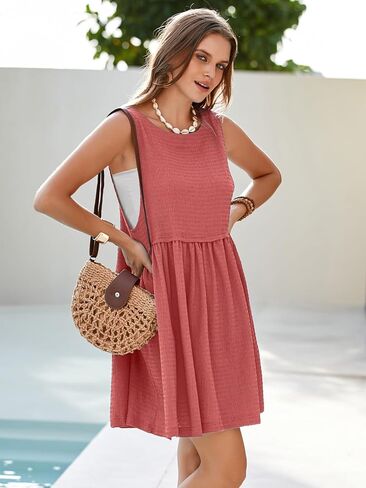 Simplee Apparel Womens Sleeveless Flowy Summer Tunic Dress Crew Neck Casual Babydoll Mini Dresses with Pockets in Saudi Arabia