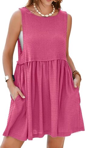 Simplee Apparel Womens Sleeveless Flowy Summer Tunic Dress Crew Neck Casual Babydoll Mini Dresses with Pockets in Saudi Arabia