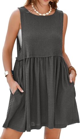 Simplee Apparel حريمي بدون أكمام فستان صيفي فضفاض برقبة دائرية فساتين بيبي دول صغيرة مع جيوب in Kuwait