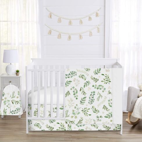 Sweet Jojo Designs Floral Leaf Baby Girl Nursery Crib Bedding Set - 4 Pieces - Green and White Boho Watercolor Botanical Woodland Tropical Garden in Saudi Arabia
