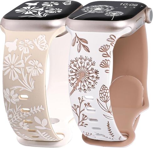 Wearlizer 2 Pack Floral Engraved Band Compatible with Apple Watch Bands 41mm 40mm 38mm 49mm 45mm 44mm 42mm Women, Cute Two-Tone Flower Soft Silicone Sport Strap for iWatch 9 8 7 6 5 4 3 2 1 SE Ultra 2 in Saudi Arabia