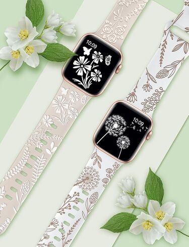 Wearlizer 2 Pack Floral Engraved Band Compatible with Apple Watch Bands 41mm 40mm 38mm 49mm 45mm 44mm 42mm Women, Cute Two-Tone Flower Soft Silicone Sport Strap for iWatch 9 8 7 6 5 4 3 2 1 SE Ultra 2 in Saudi Arabia