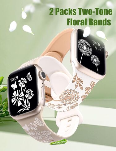 Wearlizer 2 Pack Floral Engraved Band Compatible with Apple Watch Bands 41mm 40mm 38mm 49mm 45mm 44mm 42mm Women, Cute Two-Tone Flower Soft Silicone Sport Strap for iWatch 9 8 7 6 5 4 3 2 1 SE Ultra 2 in Saudi Arabia