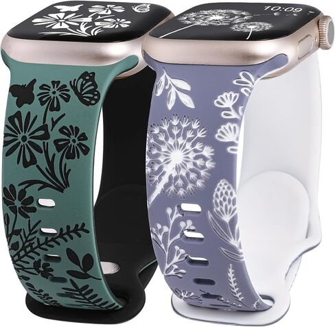 Wearlizer 2 Pack Floral Engraved Band Compatible with Apple Watch Bands 41mm 40mm 38mm 49mm 45mm 44mm 42mm Women, Cute Two-Tone Flower Soft Silicone Sport Strap for iWatch 9 8 7 6 5 4 3 2 1 SE Ultra 2 in Saudi Arabia