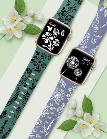 Wearlizer 2 Pack Floral Engraved Band Compatible with Apple Watch Bands 41mm 40mm 38mm 49mm 45mm 44mm 42mm Women, Cute Two-Tone Flower Soft Silicone Sport Strap for iWatch 9 8 7 6 5 4 3 2 1 SE Ultra 2 in Saudi Arabia