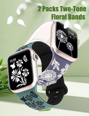 Wearlizer 2 Pack Floral Engraved Band Compatible with Apple Watch Bands 41mm 40mm 38mm 49mm 45mm 44mm 42mm Women, Cute Two-Tone Flower Soft Silicone Sport Strap for iWatch 9 8 7 6 5 4 3 2 1 SE Ultra 2 in Saudi Arabia
