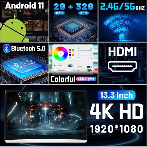 13.3 Inch 2G+32G Android 11 Car Headrest Video Player,Rear Seat Car TV with 4K IPS Touch Screen Monitor,Car Headrest Screen Support Phone Wireless Connection Mirror Link, HDMI in+Out/Bluetooth/FM/USB in Saudi Arabia