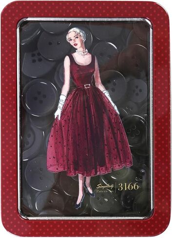 Simplicity Vintage 170001776 Retro Sewing Pattern Artwork Button Tin with Assorted Buttons, Burgundy Red in Saudi Arabia