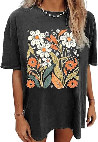 قميص الزهور البرية للنساء تي شيرت عتيق كبير الحجم مزين بالزهور تي شيرتات ملهمة برسومات صيفية كاجوال فضفاضة للشاطئ in Kuwait