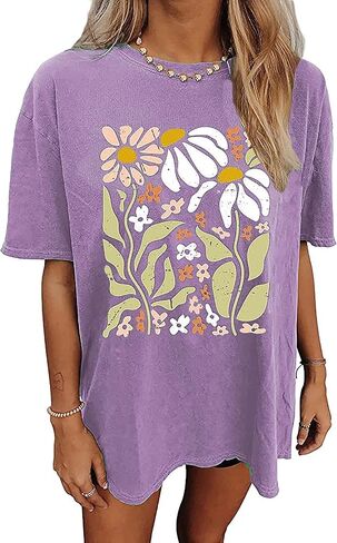 Wildflowers Shirt for Women Oversized Vintage Floral T Shirts Inspirational Graphic Tees Summer Casual Loose Beach Tops in Saudi Arabia