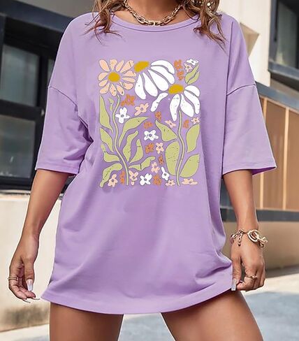 Wildflowers Shirt for Women Oversized Vintage Floral T Shirts Inspirational Graphic Tees Summer Casual Loose Beach Tops in Saudi Arabia