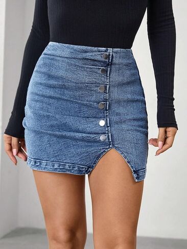Floerns Women's High Waist Denim Asymmetrical Hem Skinny Short Bodycon Skirt in Saudi Arabia