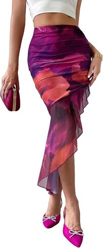 SweatyRocks Women's Casual Tie Dye Skirt Ruched Ruffle Bodycon Midi Skirts in Saudi Arabia