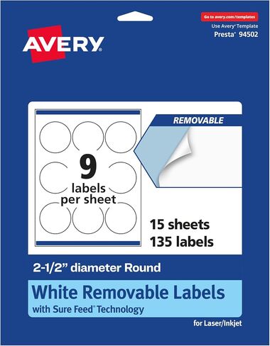 Avery Matte White Removable Round Labels with Sure Feed Technology, Print-to-The-Edge, 2.5" Diameter, 135 Removable Labels, Laser/Inkjet Printable Labels in Saudi Arabia