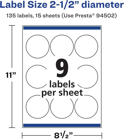 Avery Matte White Removable Round Labels with Sure Feed Technology, Print-to-The-Edge, 2.5" Diameter, 135 Removable Labels, Laser/Inkjet Printable Labels in Saudi Arabia