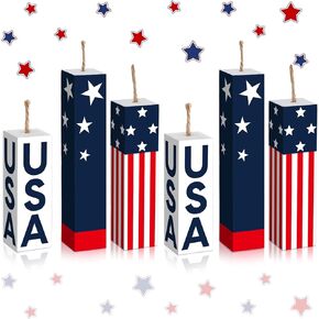 6 Pcs Patriotic Tiered Tray Decor 4th of July Wooden Firework Decor Memorial Day Wood Signs Decorations July 4th Centerpieces Independence Day Red White Blue Table Tiered Tray Decor