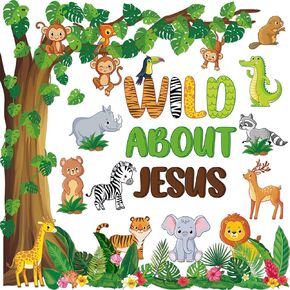 gisgfim Jungle Animals Tree Bulletin Board Classroom Decorations Back to School Safari Animal Leaves Cut-Outs Wild About Jesus Christian Wall Chalkboard Decor for Teacher Supplies Sunday School Decor