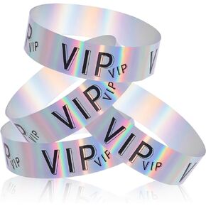 100pcs VIP Wristbands Identification Party Wristbands ID Plastic Adjustable Bracelets Waterproof Holographic Arm Bands for Concerts Holiday Halloween Cosplay Christmas Party (Silver)