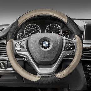 FH Group Universal Fit Deluxe Full Grain Authentic Leather Steering Wheel Cover Fits Most Cars, SUVs Beige Black