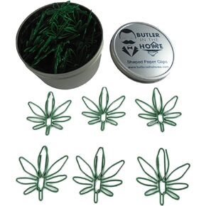 100 Count Pot Leaf Shaped Paper Clips Great for Paper Clip Collectors or Office Gift - Comes in Round Tin with Lid and Gift Box - Green