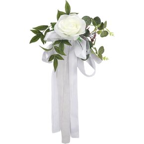 Fofetbfo Set of 10 Wedding Aisle Chair Decorations Silk Rose Chair Back Flowers with Ribbons Chairs Back Pew Flowers Arrangement for Wedding Ceremony Reception Decor (White/10Pcs)