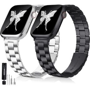 2 Pack Slim Metal Bands Compatible with Apple Watch Band 38mm 40mm 41mm 42mm 44mm 45mm 49mm for Women, Thin Stainless Steel Replacement Adjustable Wristband Strap for iWatch SE Ultra Series 9/8/7/6/5/4/3/2/1