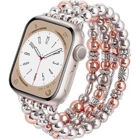 QINGQING Beaded Bracelets Apple Watch Band 38 40 41 42 44 45 49mm, Handmade Elastic Gold Bands for Women Strap Apple Watch Serie 9 8 7 6 5 4 3 2 1 SE