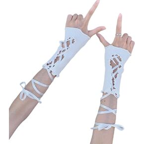 Arm Sleeves for Y2K Cute Women Gothic Lolita Fairy Grunge Fingerless Ripped Gloves Lace Straps White Black Cosplay