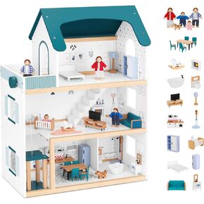 Wooden Dollhouse with Liftable Elevator - 2.6 Feet High Modern Doll House for Kids Toddlers - Including 21 Furniture Pieces, 4 Family Dolls, and 1 pet